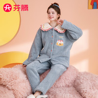芬腾睡衣女冬珊瑚绒花边翻领长袖南芙泡绒可爱家居服睡衣套装 冰兰 S
