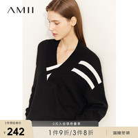 AMII2023冬V领条纹高级感超好看毛衣oversize慵懒风上衣女 黑色 155/80A/S