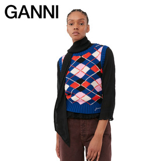 GANNI 女装 宝石蓝菱格纹圆领柔软棉质针织背心马甲 K2046756