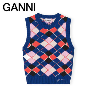 GANNI 女装 宝石蓝菱格纹圆领柔软棉质针织背心马甲 K2046756