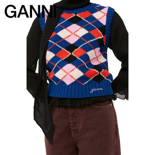 GANNI 女装 宝石蓝菱格纹圆领柔软棉质针织背心马甲 K2046756