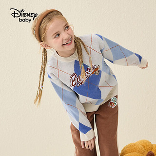 迪士尼（DISNEY）童装儿童女童时尚圆领毛衣蓝白格打底毛衫DB331HE15蓝白格130