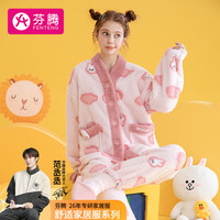 芬腾睡衣女20V领厚绒可妮兔长袖女士家居服睡衣套装 樱花粉 L