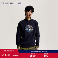 TOMMY HILFIGER男装徽章刺绣双面针织半V领套头合身版卫衣32688 藏青色DW5 XS