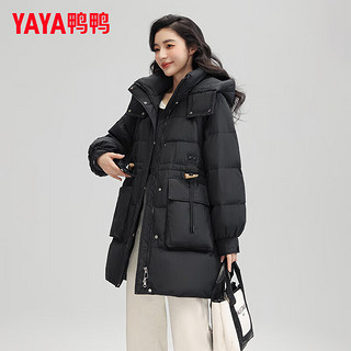 鸭鸭（YAYA）羽绒服女中长款冬季时尚休闲连帽加厚保暖冬装外套KL 黑色 155/80A(S)