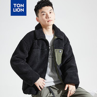 唐狮 TONLION棉衣男羊羔绒男士棉服拼接口袋短款上衣 黑色 S