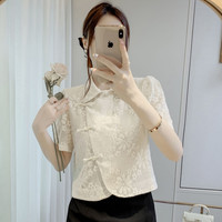 中国风复古盘扣蕾丝衫女夏重工提花polo领衬衫别致泡泡袖短款上衣