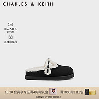 CHARLES&KEITH23冬季CK1-70381022圆头加绒穆勒拖鞋勃肯鞋女 BLACK TEXTURED黑色纹理 35