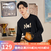 鸿星尔克（ERKE） 卫衣男套头印花圆领男女宽松运动上衣复古休闲男装 正黑 XL