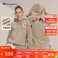 Champion冠军卫衣女学院风美式连帽潮牌加绒刺绣上衣男 卡其色 M