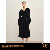 太平鸟冬季气质百搭长款连衣裙女士V领丝绒收腰长裙 黑色 S