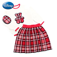 Disney 迪士尼 毛衣裙套装女童韩版纯棉芝麻底格子裙贴布绣小熊 白色 90cm