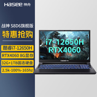  Hasee/神舟 RTX4060独显满血版40系列 游戏本笔记本电脑  酷睿i7-12650H 2560*1440 RTX 4060 黑色 165Hz 32GB