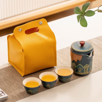 惠寻 京东自有品牌旅行茶具套装功夫户外便携式陶瓷快客杯 一壶三杯套装(蓝-黄皮包)