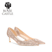 rose castle婚宴鞋 金色婚鞋女平时可穿新娘鞋款婚纱水晶高跟单鞋