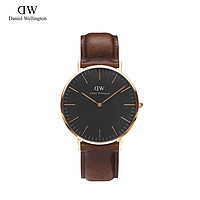 黑卡会员：Daniel Wellington 热销40mm黑盘金圈男士皮质手表