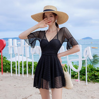 佑游游泳衣女遮肚显瘦保守连体女士大码性感温泉泳装12049暗夜黑 XL