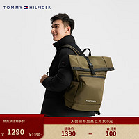 TOMMY HILFIGER 23新款秋季男装休闲撞色LOGO插扣多容量旅行双肩背包11549 军绿色RBN os