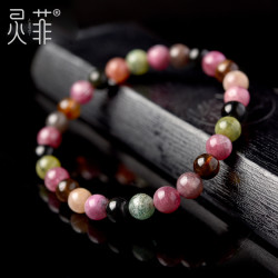 灵菲 老料碧玺手链5-10mm正品老矿彩虹色碧玺珠子散珠串珠单圈手串女