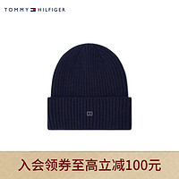 TOMMY HILFIGER 男装纯羊绒潮流金属小标保暖翻边针织毛线帽AM0AM10354 深蓝色DW6 均码（头围38）