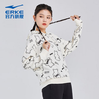 ERKE 鸿星尔克 卫衣女秋季连帽女生套头衫休闲运动上衣 冰川白