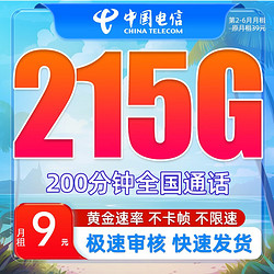 CHINA TELECOM 中国电信 流量卡手机卡通话卡 5g上网卡不限速低月租电话卡 浩瀚卡-9元月租215G全国流量+200分钟通话
