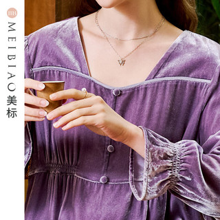 美标 MEIBIAO金丝绒6A真丝长袖睡衣睡裙女春秋宫廷风重磅桑蚕丝睡衣家居服冬 暗紫灰 M(160/84A)