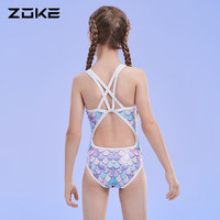 洲克ZOKE儿童泳衣女童连体三角运动竞速泳衣女 123525828 紫绿花165