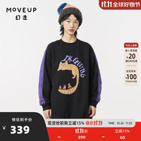 MOVEUP 幻走 .FUN系列加绒撞色绣花设计师中长款卫衣女 夜黑 S