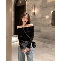 法式锁骨高级感黑色一字肩露肩上衣秋冬修身长袖t恤女内搭打底衫