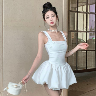 法式甜辣妹白色吊带连衣裙子女夏季气质感高级感收腰小个子蓬蓬裙