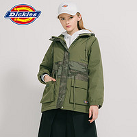 Dickies 帝客 迷彩拼接中长款充棉连帽夹克 女式冬季厚外套 墨绿色 M