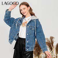 La·go·go 拉谷谷 Lagogo拉谷谷2023秋冬新款拼接设计感连帽抽绳休闲百搭牛仔外套女