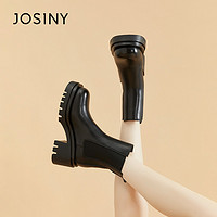 JOSINY 卓诗尼 真皮切尔西靴女2023冬新款加绒粗跟厚底百搭显高短靴女显瘦