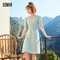 Semir 森马 连衣裙女v领泡泡袖质感格纹裙