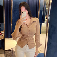 设计感收腰褶皱长袖衬衫女辣妹性感修身显瘦开衫上衣