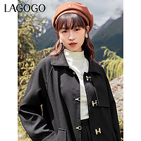 La·go·go 拉谷谷 Lagogo拉谷谷2023年秋季新款黑色显瘦风衣百搭小翻领中长款外套女