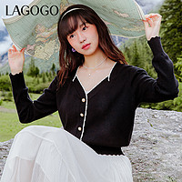 La·go·go 拉谷谷 Lagogo拉谷谷2023年秋季新款精致方领黑色显瘦舒适长袖针织衫女