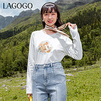 La·go·go 拉谷谷 Lagogo拉谷谷2023年秋季新款白色印花圆领休闲百搭长袖T恤女简约