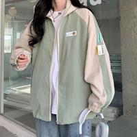 漫蔻依 拼接棒球服外套女秋季2023新款学生百搭宽松休闲连帽夹克上衣潮 绿拼杏 双层里布 M 90-105斤