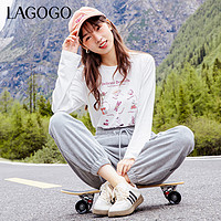 La·go·go 拉谷谷 Lagogo拉谷谷2023秋季新款圆领卡通印花白色长袖棉T恤女甜美简约