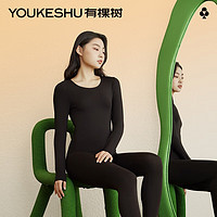 YOUKESHU 有棵树 德绒保暖内衣女套装圆领秋衣秋裤无痕高弹秋冬季内搭打底衫 鲸黑 M