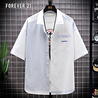 PLUS会员：FOREVER 21 短袖衬衫男夏季时尚潮流拼色上衣休闲简约衬衣 白色 2XL码