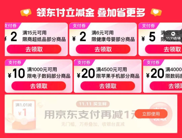 京东支付BigDay会场 领6-2/15-2元品类券
