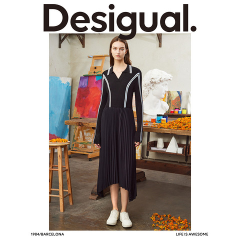 Desigual裙装_Desigual 秋冬新品修身弹力不规则百褶伞摆连衣裙多少钱