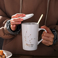 CEROUKY 荣旗瓷业 创意陶瓷真金十二星座杯子马克杯带盖带勺个性咖啡杯情侣水杯茶杯