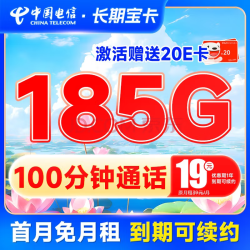 CHINA TELECOM 中国电信 长期宝卡 19元月租（185G全国高速流量+100分钟通话）激活送20元E卡
