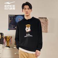 ERKE 鸿星尔克 卫衣男春秋舒适连帽套头衫印花滑板运动男士上衣 正黑 2XL