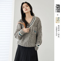 2023冬装撞色V领蝴蝶刺绣绞花女式毛衣