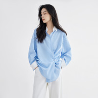 对白简约设计感蓝色条纹衬衫女装撞色宽松小众通勤上衣